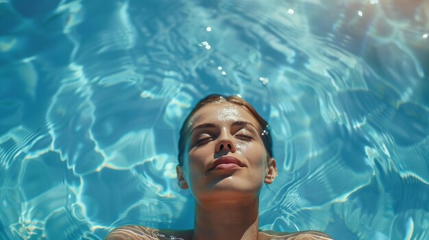 Mujer hermosa flotando en la piscina del hotel en primer plano