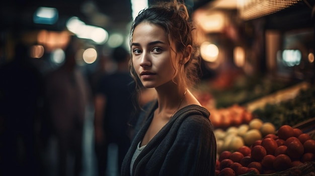 Foto mujer hermosa en un fondo borroso del mercado modelo de enfoque selectivo