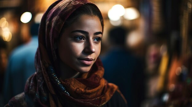 Mujer hermosa en un fondo borroso del mercado modelo de enfoque selectivo