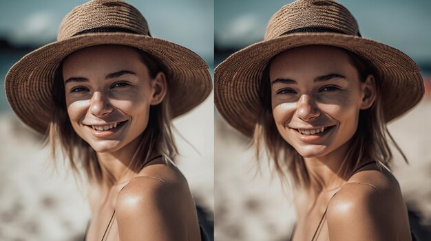 Foto mujer hermosa en un fondo borroso de una playa modelo de enfoque selectivo