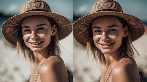 Mujer hermosa en un fondo borroso de una playa modelo de enfoque selectivo