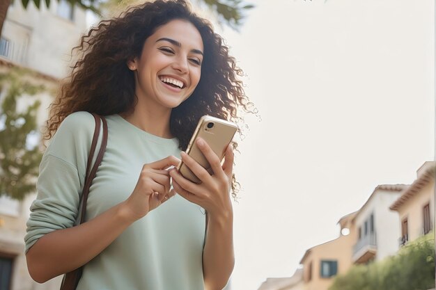 una mujer hermosa generativa está disfrutando de la emoción de usar un teléfono celular