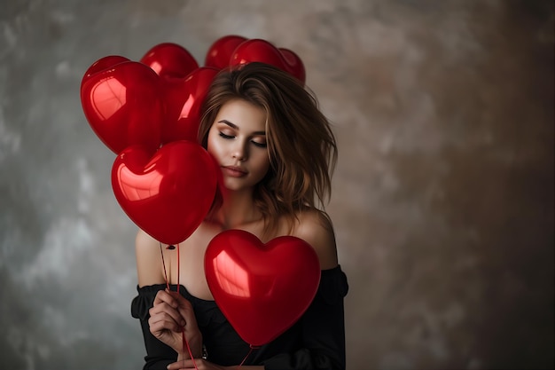 Mujer hermosa con globos de corazón rojo