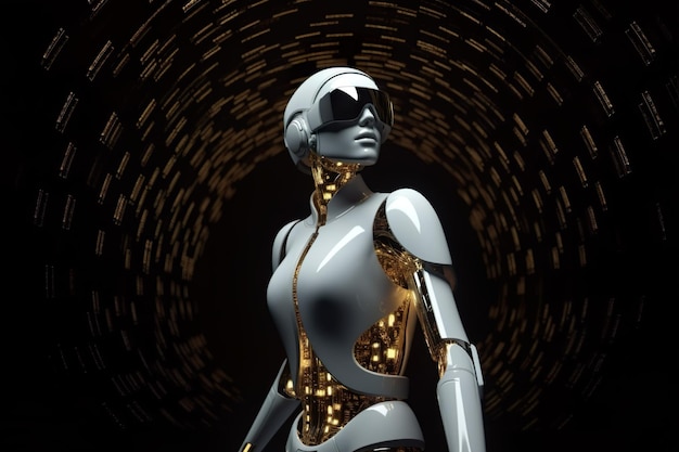 Mujer Hermosa Golden Robot Cyborg Chica con gafas Moda IA generativa