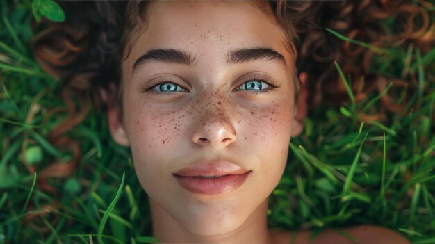 Una mujer hermosa en la hierba verde