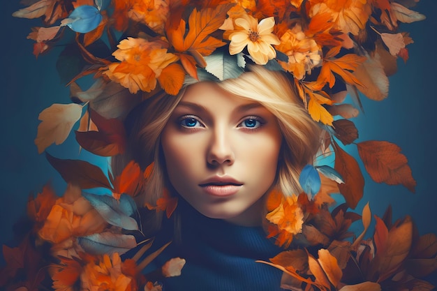 Mujer hermosa en hojas y flores de otoño Salud mental y concepto de perfume de otoño Ilustración de IA generativa