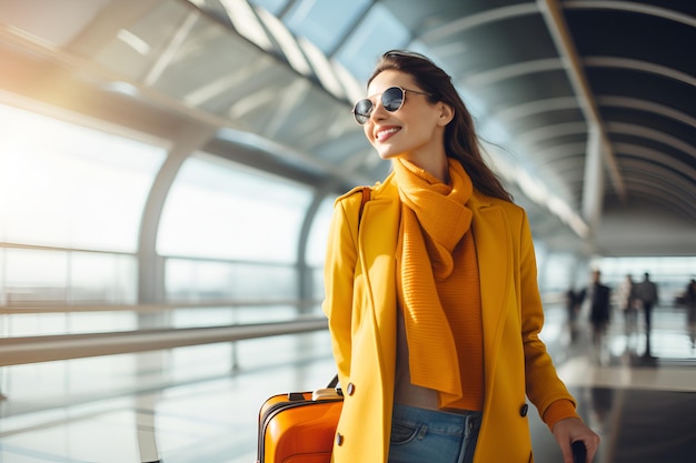 Mujer hermosa joven en el aeropuerto con una maleta 1