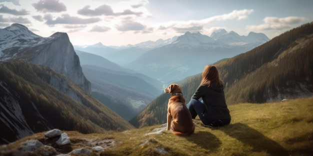 Mujer hermosa joven disfruta de la vista con su perro durante el viaje de senderismo en la montaña