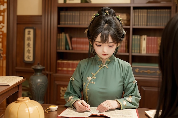 Mujer hermosa joven leyendo un libro en la sala de estudio usando una ilustración de papel tapiz chino hanfu