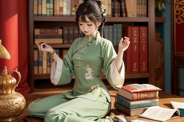 Mujer hermosa joven leyendo un libro en la sala de estudio usando una ilustración de papel tapiz chino hanfu