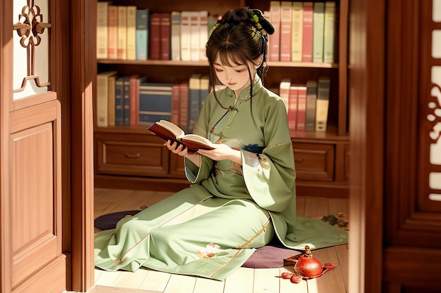 Mujer hermosa joven leyendo un libro en la sala de estudio usando una ilustración de papel tapiz chino hanfu