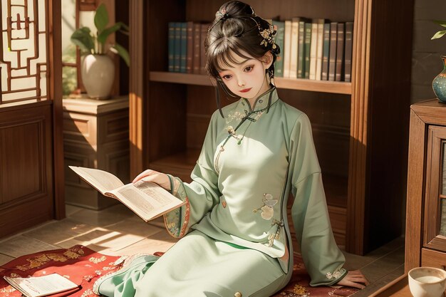 Mujer hermosa joven leyendo un libro en la sala de estudio usando una ilustración de papel tapiz chino hanfu