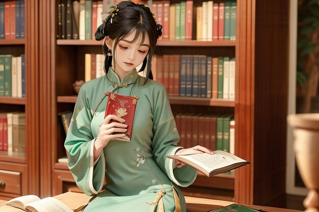 Mujer hermosa joven leyendo un libro en la sala de estudio usando una ilustración de papel tapiz chino hanfu