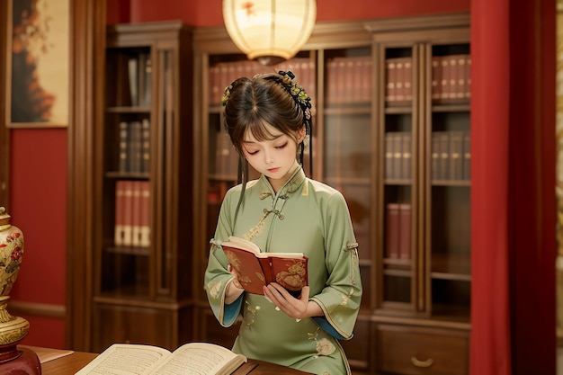 Mujer hermosa joven leyendo un libro en la sala de estudio usando una ilustración de papel tapiz chino hanfu