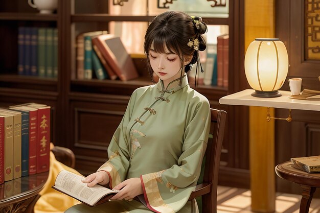 Mujer hermosa joven leyendo un libro en la sala de estudio usando una ilustración de papel tapiz chino hanfu