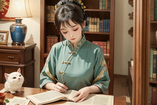 Mujer hermosa joven leyendo un libro en la sala de estudio usando una ilustración de papel tapiz chino hanfu