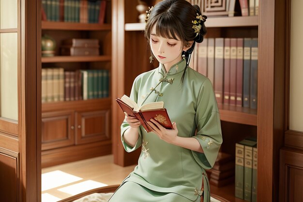 Mujer hermosa joven leyendo un libro en la sala de estudio usando una ilustración de papel tapiz chino hanfu