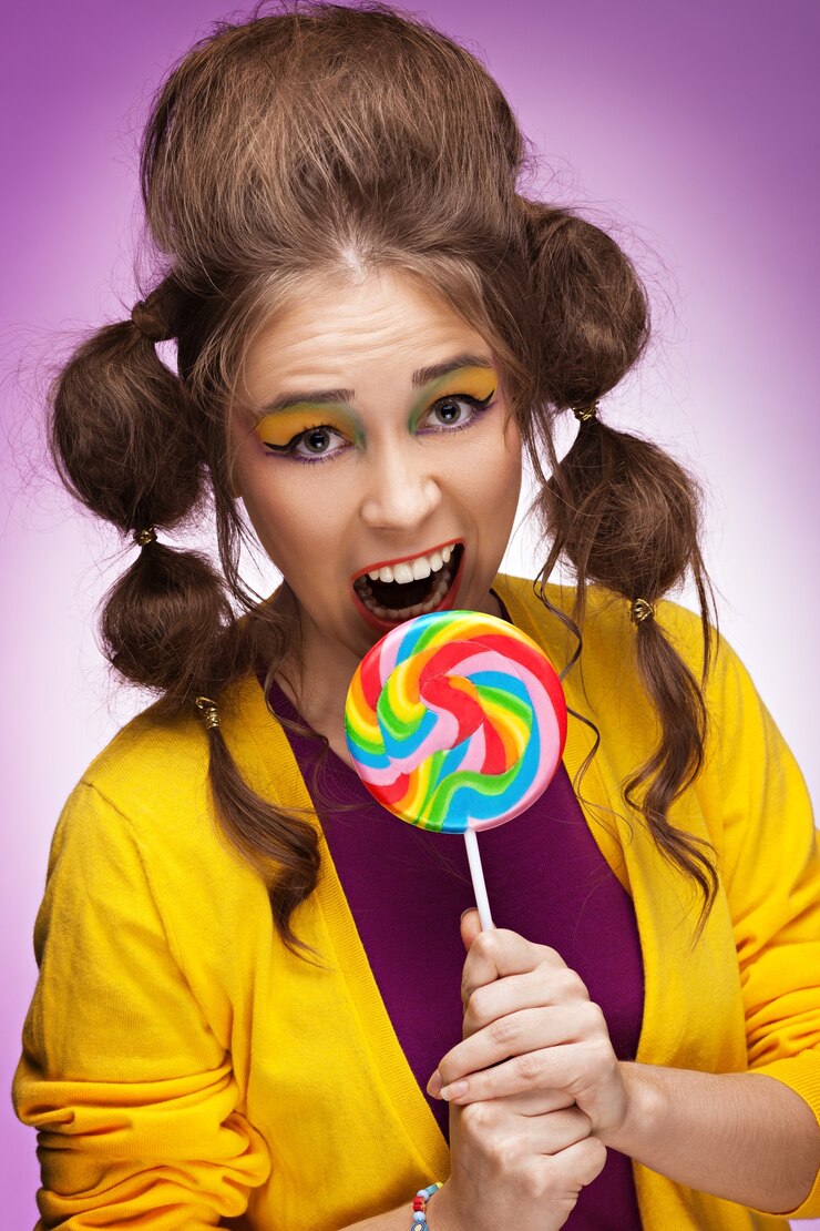 Mujer hermosa joven lista para comer una paleta de colores