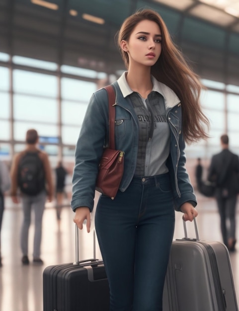 Mujer hermosa joven con maleta en el aeropuerto