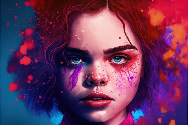 Mujer hermosa joven con maquillaje artístico vibrante en el colorido telón de fondo de polvo Holi Concepto de fantasía Pintura de ilustración IA generativa