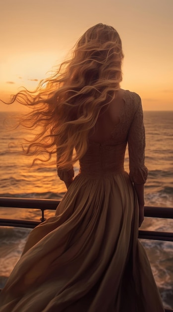 Mujer hermosa joven mira el mar al atardecer