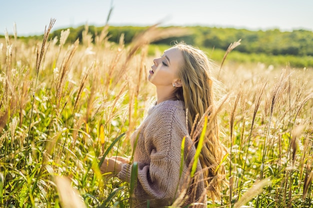 Mujer hermosa joven en el paisaje otoñal con flores secas, espigas de trigo. Moda otoño, invierno. Otoño soleado, suéter acogedor de otoño. foto de moda