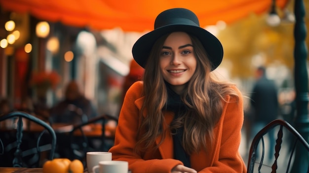 Mujer hermosa joven sentada en un café en un día de otoño