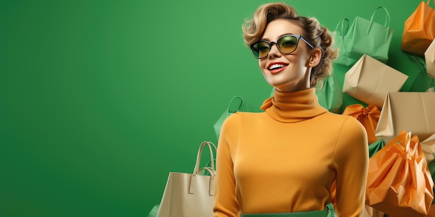 Mujer hermosa joven sobre un fondo verde con compras Foto de alta calidad IA generativa