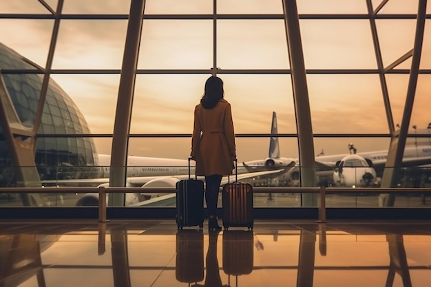 Mujer hermosa joven sonriendo mirando el teléfono móvil y charlando Aeropuerto ligero moderno