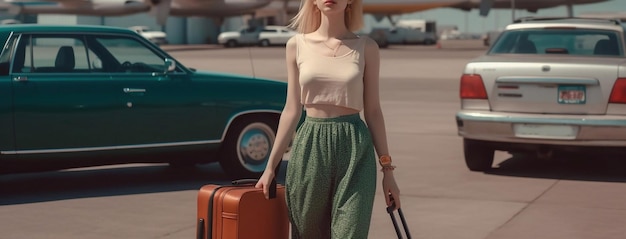 Mujer hermosa joven sonriendo mirando el teléfono móvil y charlando Aeropuerto ligero moderno