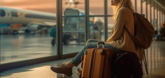 Mujer hermosa joven sonriendo mirando el teléfono móvil y charlando Aeropuerto ligero moderno