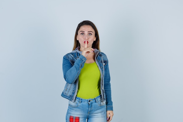 Foto mujer hermosa joven en traje de mezclilla mostrando gesto de silencio y mirando enfocado, vista frontal.