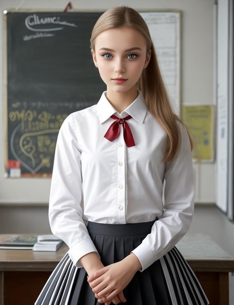 Mujer hermosa joven en uniforme escolar en el aula