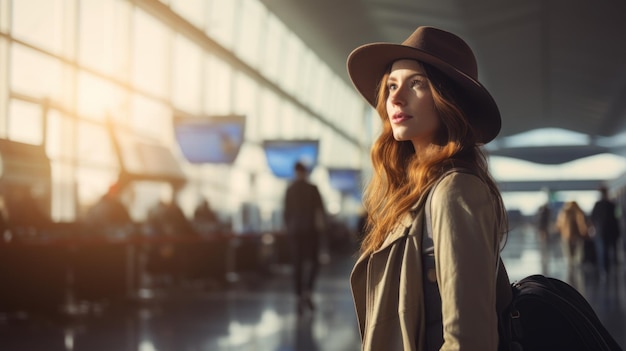 Mujer hermosa joven de vacaciones para viajar en el fondo del aeropuerto
