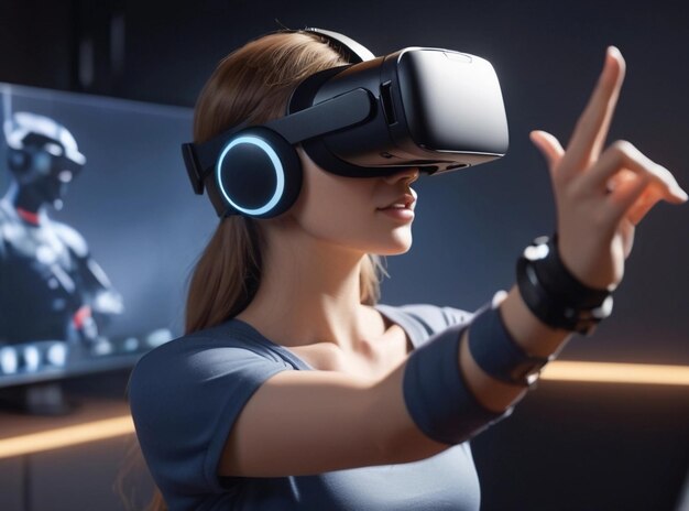 Una mujer hermosa jugando a un juego de realidad virtual en un estudio de juegos.