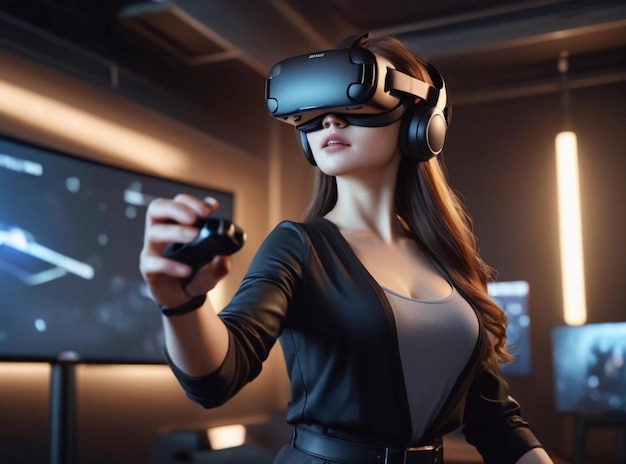 Una mujer hermosa jugando a un juego de realidad virtual en un estudio de juegos.