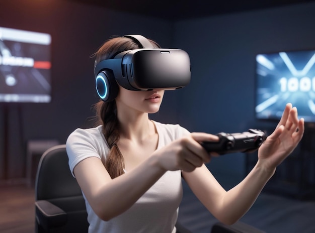 Una mujer hermosa jugando a un juego de realidad virtual en un estudio de juegos.