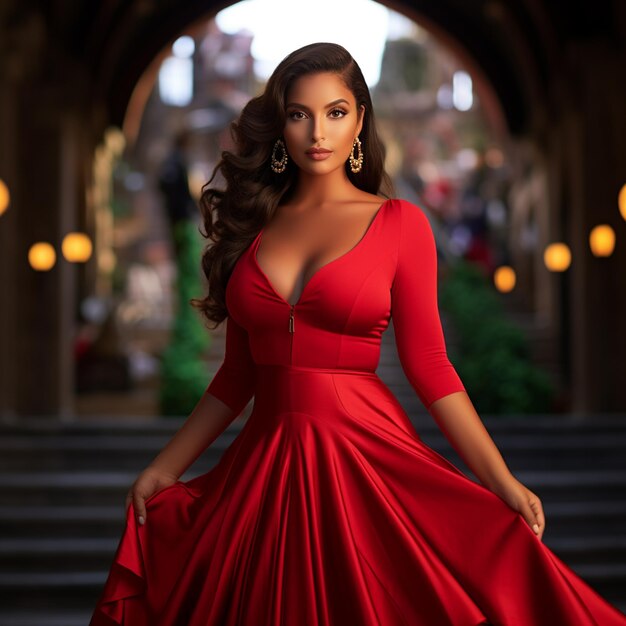 Una mujer hermosa lleva un vestido rojo en un callejón