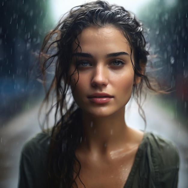 Una mujer hermosa bajo la lluvia