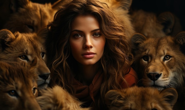 Mujer hermosa y una manada de gatos salvajes