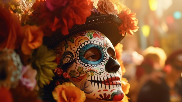 Mujer hermosa con maquillaje de calaveras mexicanas en la cara y vestida para el Día de los Muertos en México