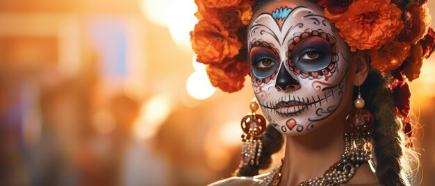 Mujer hermosa con maquillaje de calaveras mexicanas en la cara y vestida para el Día de los Muertos en México