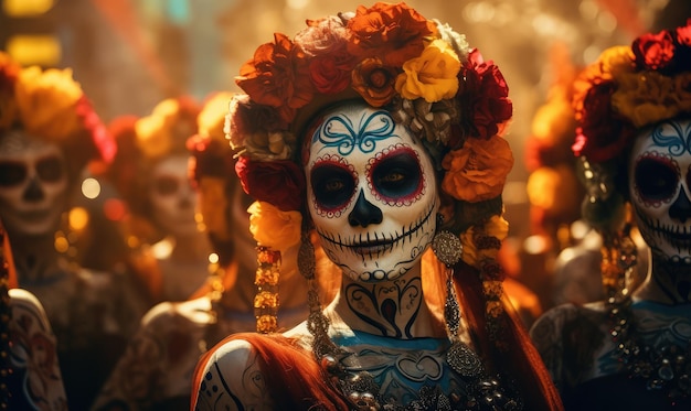 Mujer hermosa con maquillaje de calaveras mexicanas en la cara y vestida para el Día de los Muertos en México