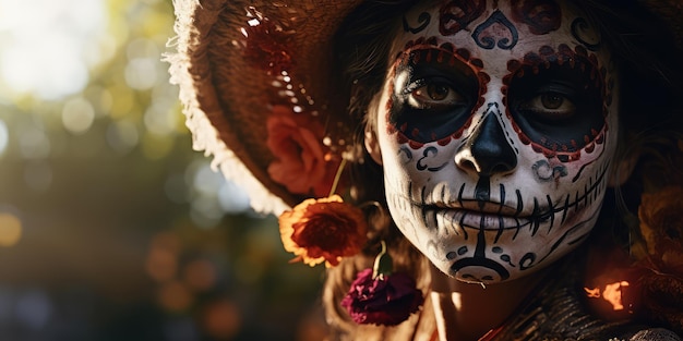 Mujer hermosa con maquillaje de calaveras mexicanas en la cara y vestida para el Día de los Muertos en México