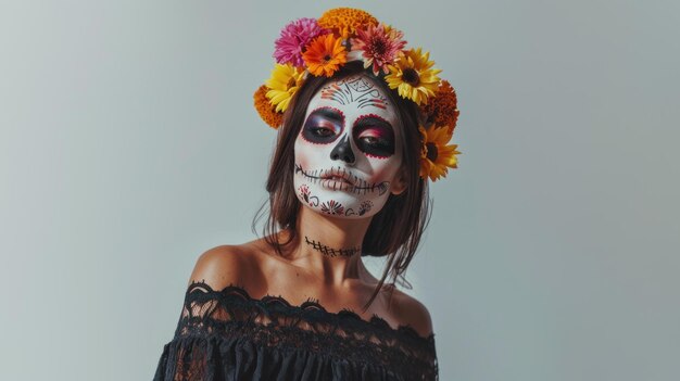 Foto una mujer hermosa con maquillaje de cráneo de dia de los muertos.
