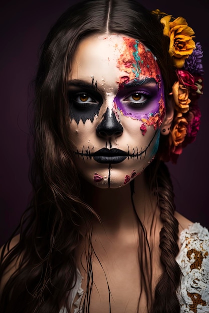Mujer hermosa con maquillaje de día de muertos Fondo Vividcolor Generado por IA