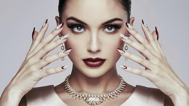 Mujer hermosa con maquillaje perfecto y manicura usando joyas