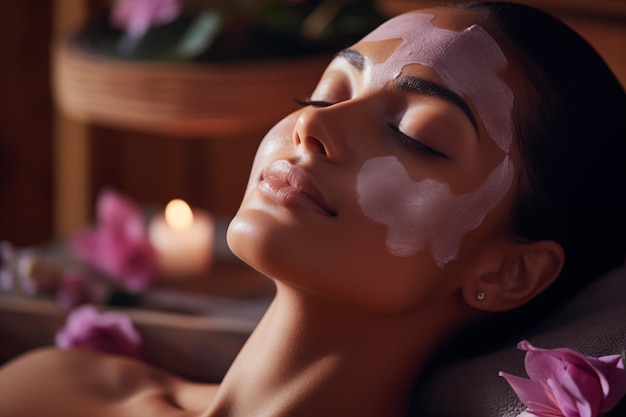 Mujer hermosa con una máscara cosmética facial y disfrutando de un ambiente sereno en el salón de spa de bienestar