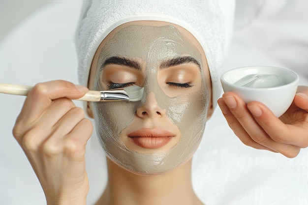 Una mujer hermosa con una máscara facial en un salón de belleza