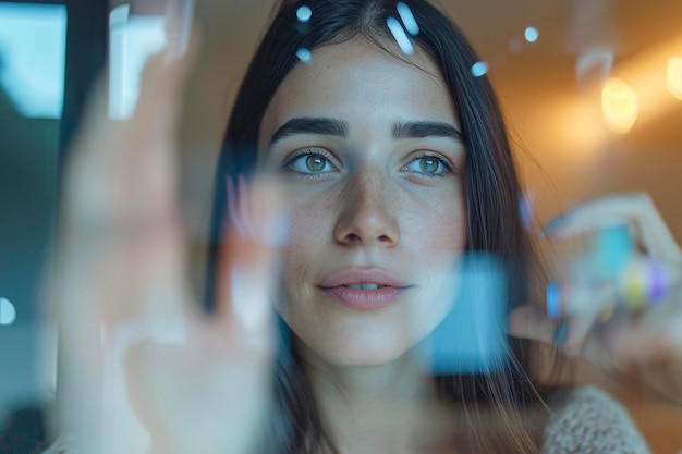 Una mujer hermosa mirando su propia imagen a través del espejo.